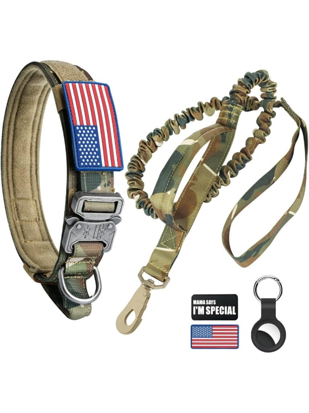 Tactical Dog Collar and Bungee Leash, Camo Military Dog Collar & Leash Set with